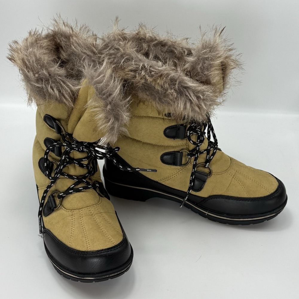 Athletech Woman's Winter Boots Size 7 Lace Up Suede-Like Faux Fur Trim‎  Tan